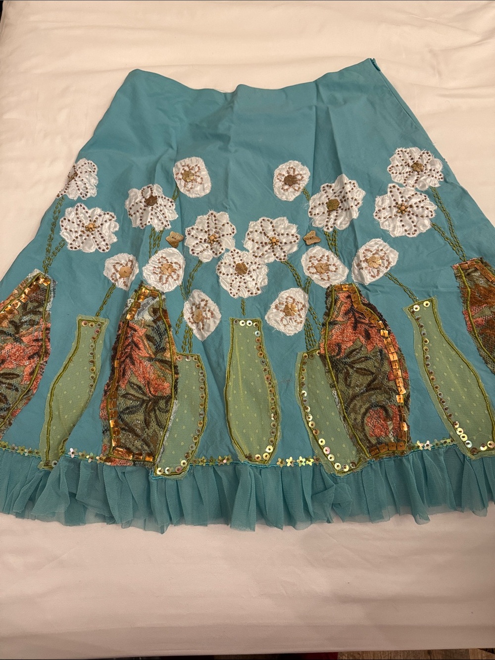 Embellished Teal Midi Skirt with Floral Appliqués